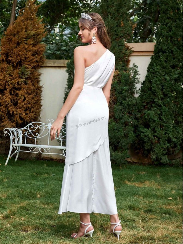 One Shoulder Wedding Dress Without Belt & Veil 