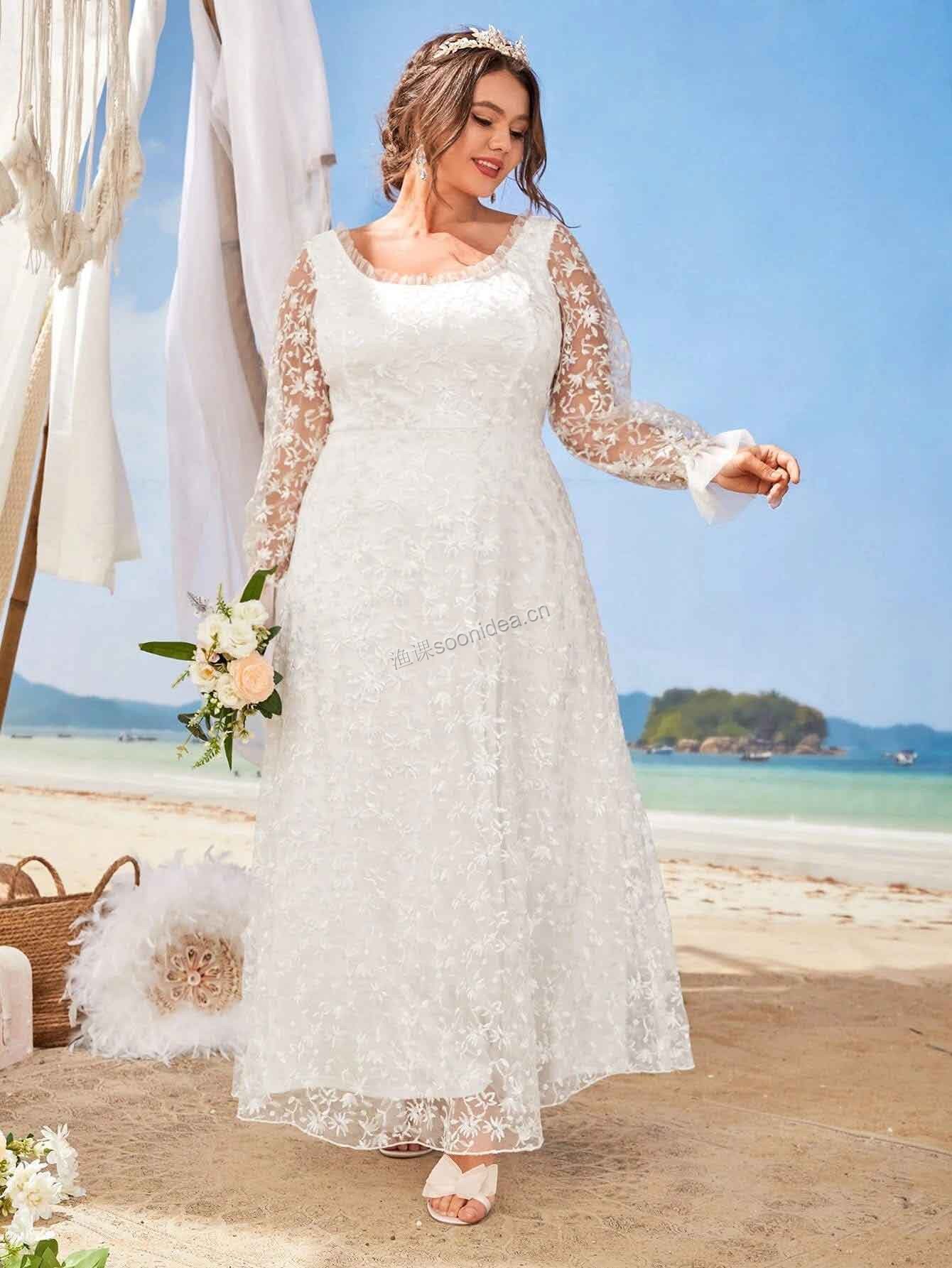 Plus Floral Embroidery Mesh Flounce Sleeve Frill Trim Wedding Dress 