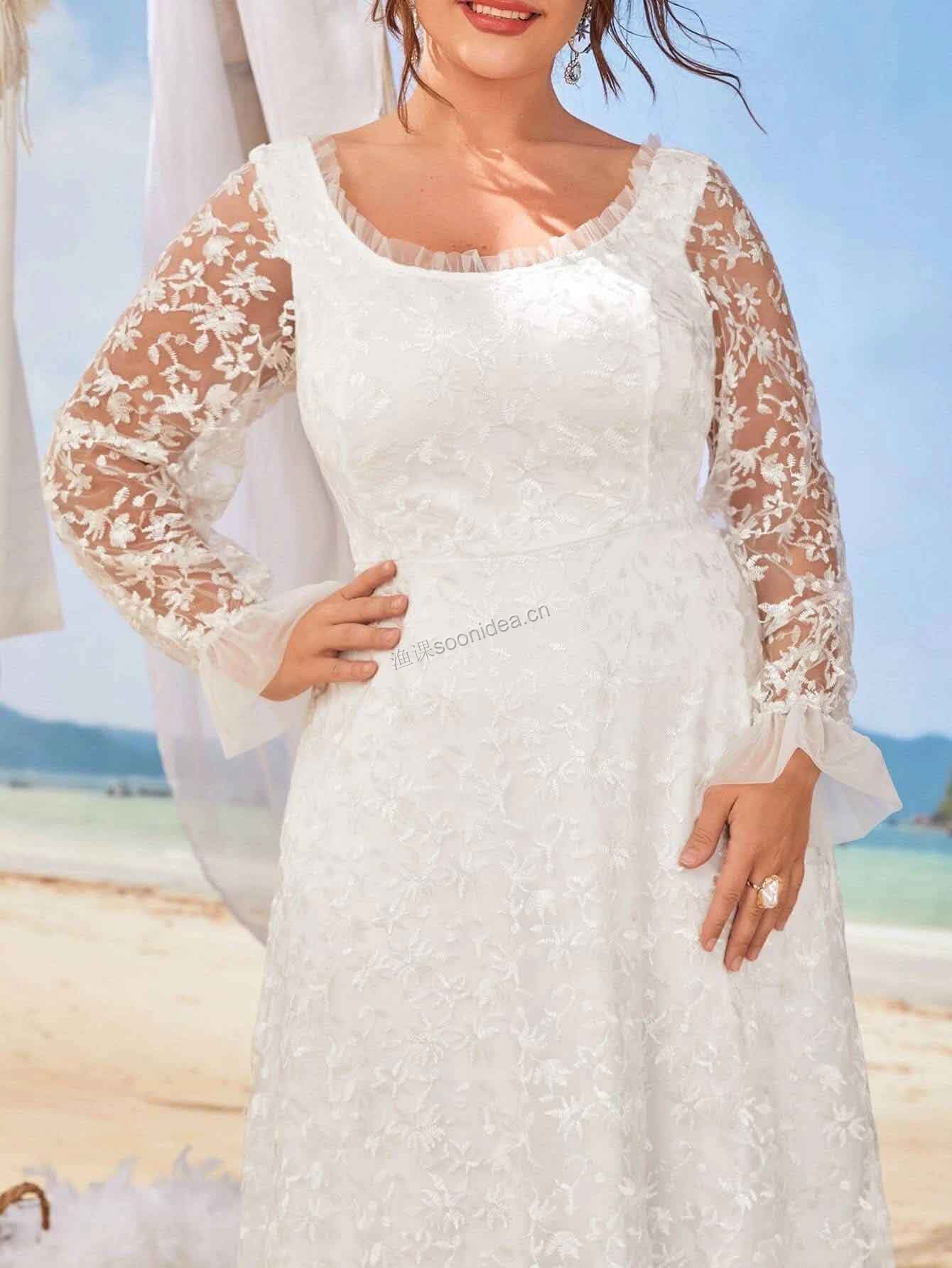 Plus Floral Embroidery Mesh Flounce Sleeve Frill Trim Wedding Dress 